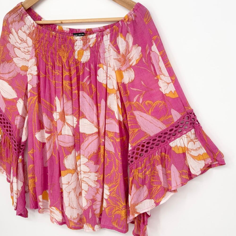 Unique Spectrum Pink Floral Butterfly Sleeve Off-Shoulder Top Size L
